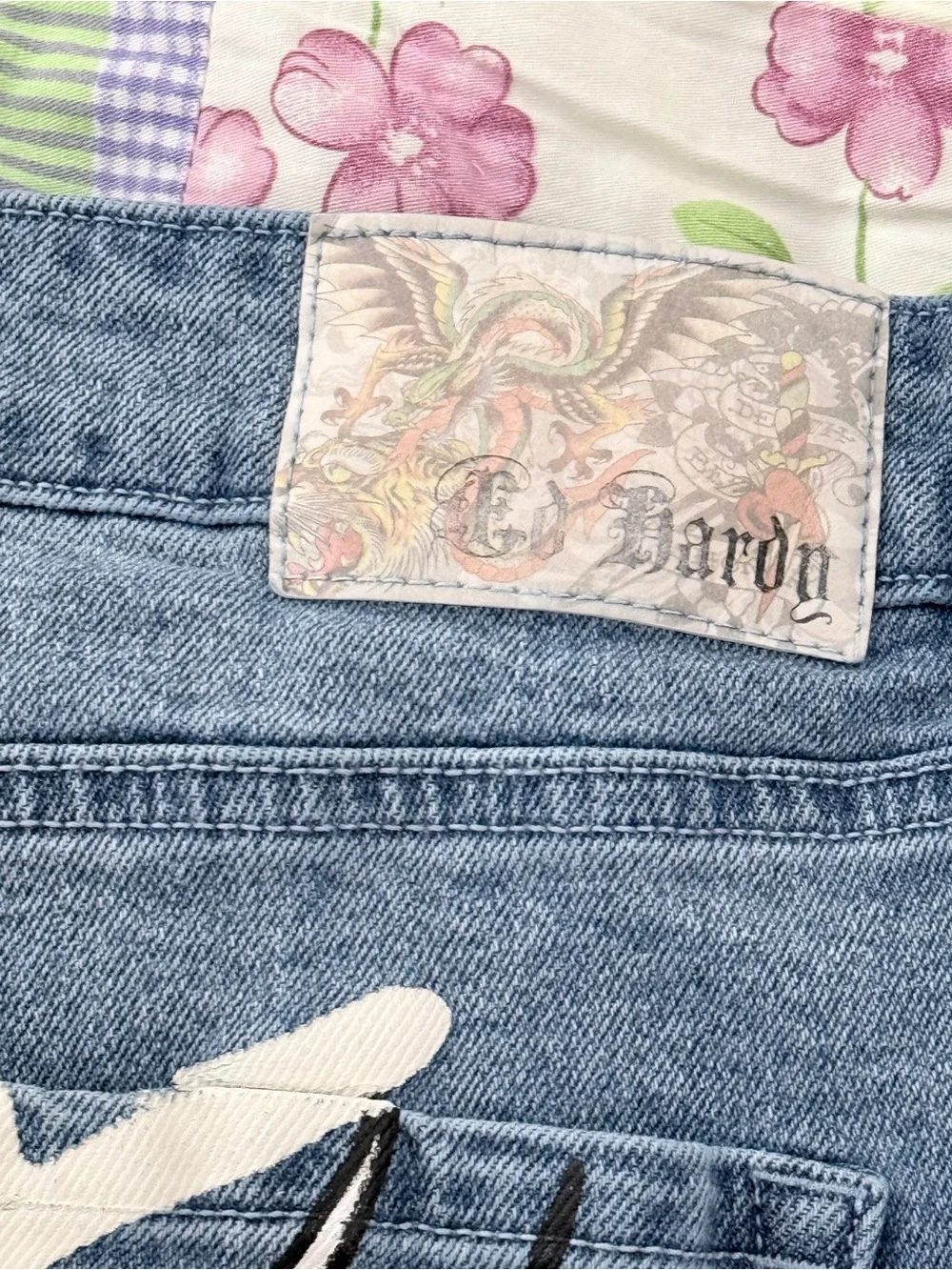 Ed Hardy Born Free Blue Bird Tattoo Graphic Cutoff Jean Shorts 18W